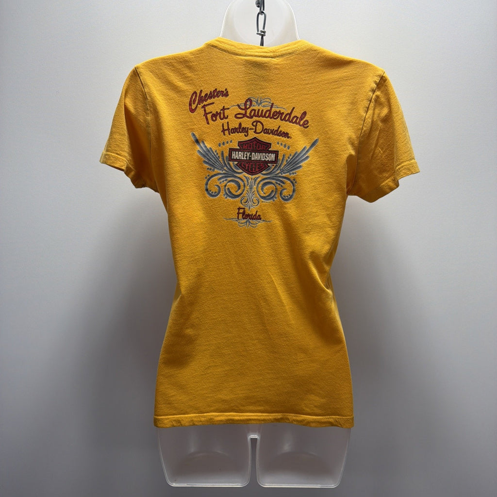 Harley Davidson Fort Lauderdale FL M Yellow T Shirt Short Sleeve V-neck Made USA