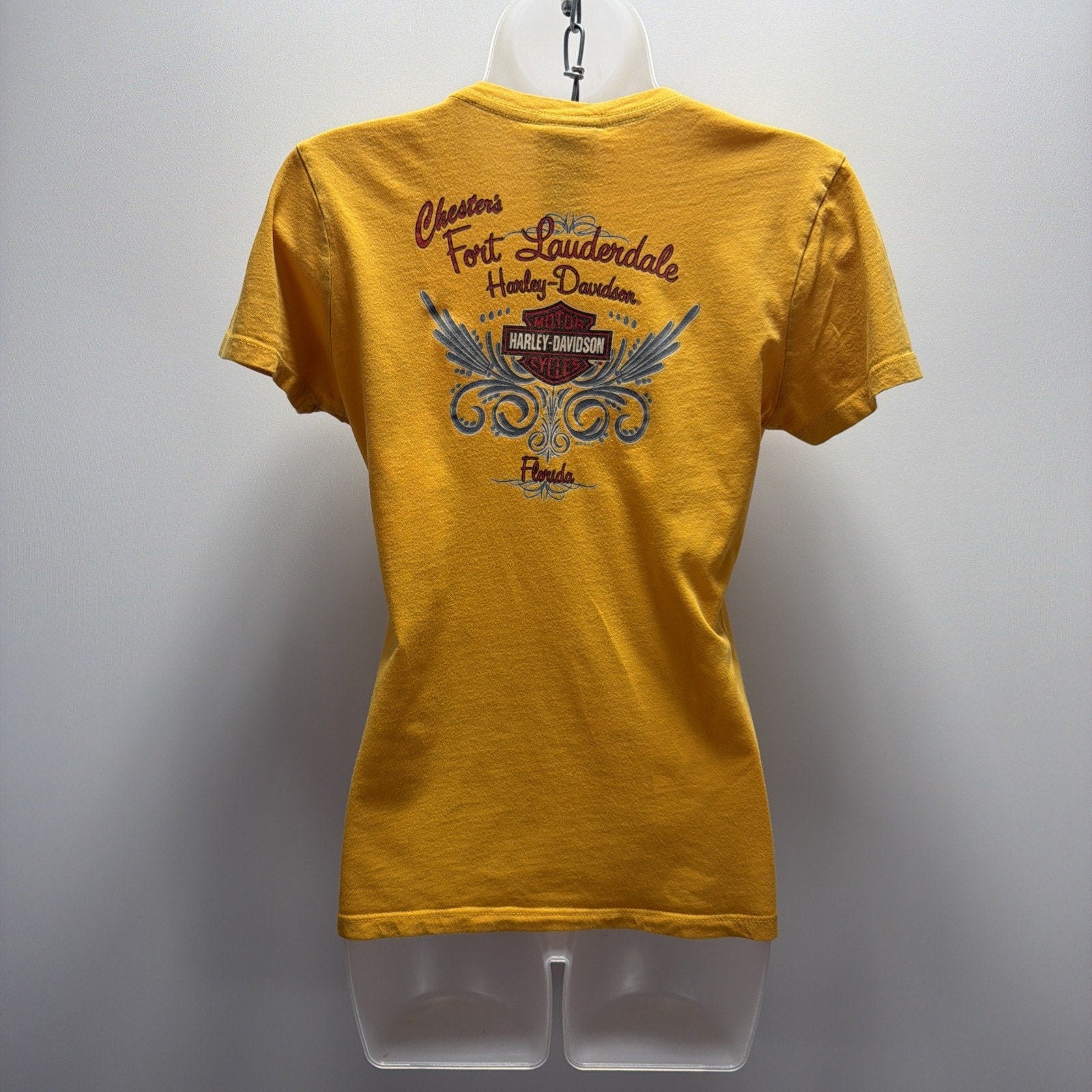 Harley Davidson Fort Lauderdale FL M Yellow T Shirt Short Sleeve V-neck Made USA