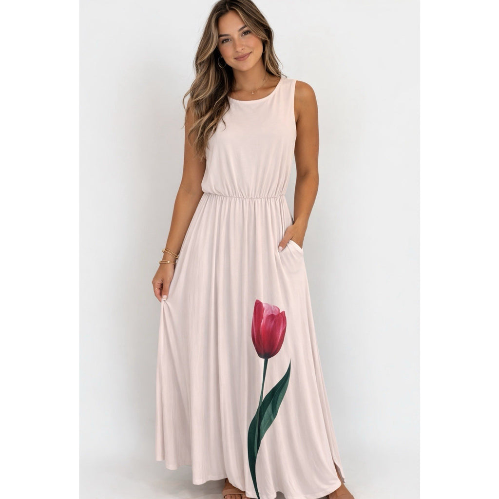 JustFashionNow Maxi Dress Womens Sleeveless Blush Pink Tulip Graphic Boho Casual