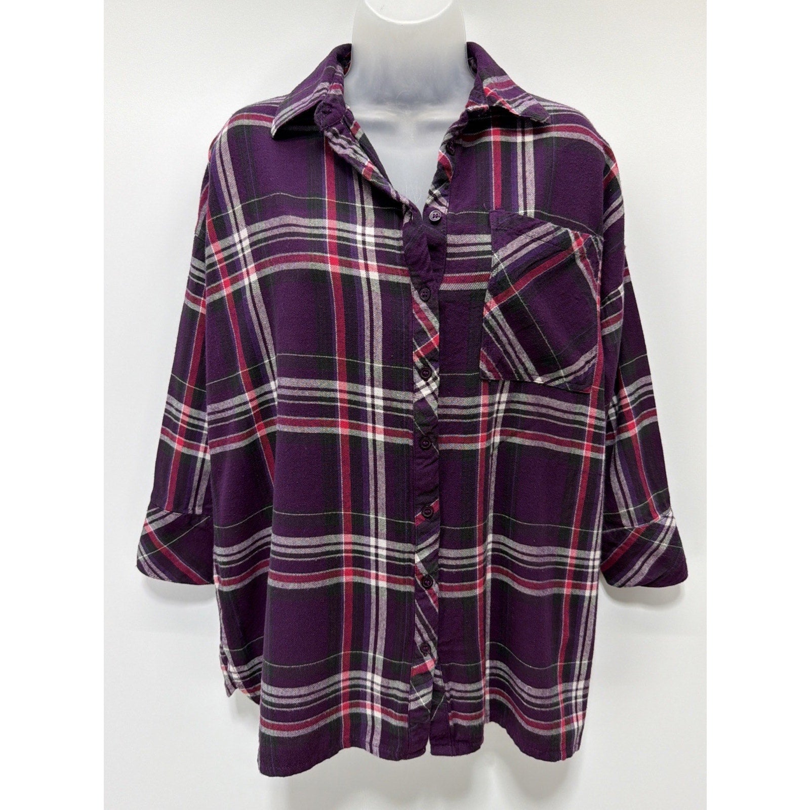 Roaman's Women's Plus Size 12W Berry Plaid Button-Up Flannel Tunic Relaxed Fit