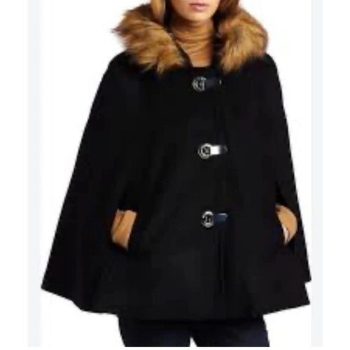 $250 Michael Kors Wool Cape Coat with Faux Fur Trim Hood Sz Large