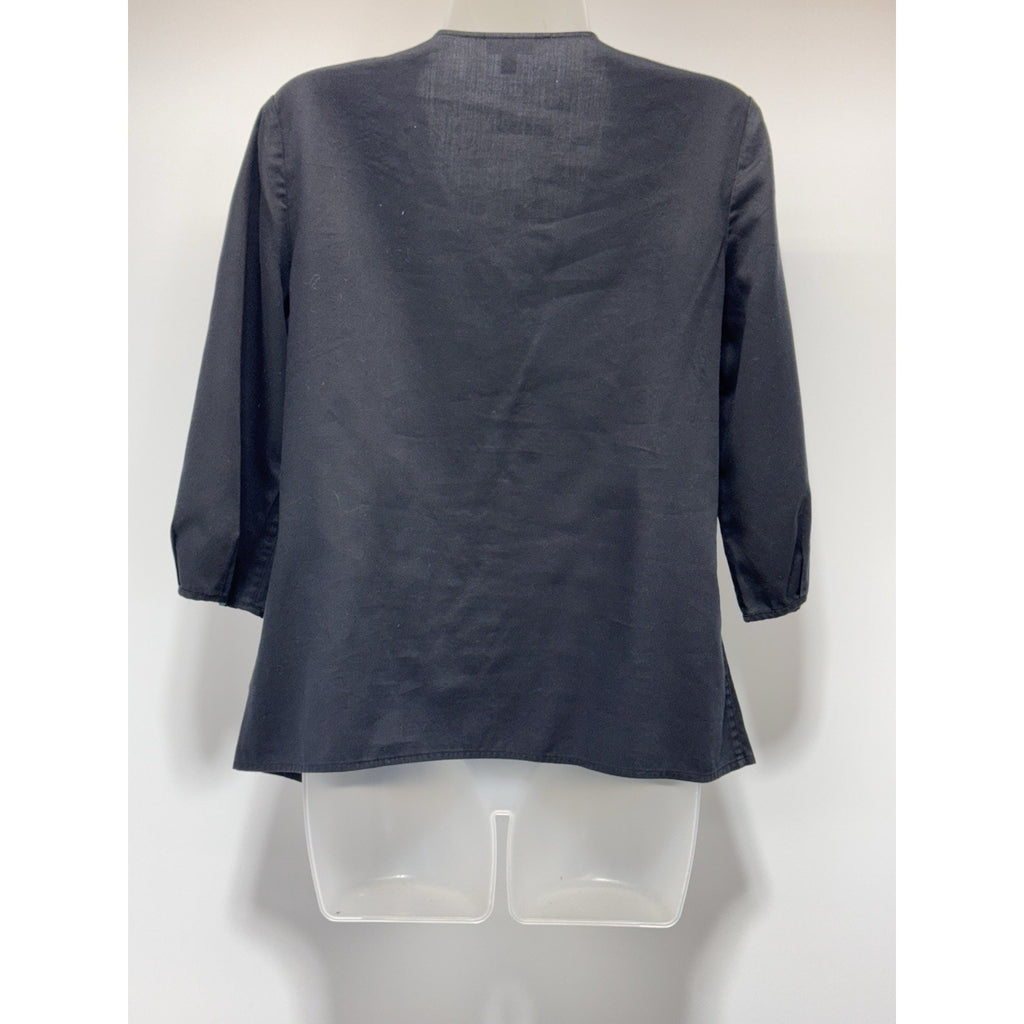 Talbots Top Shirt Black V-Neck Ruffled Front 3/4 Sleeve Elegant Women’s Size 10