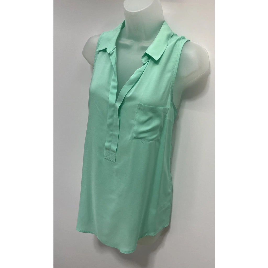 OLD NAVY SZ M 100% Rayon Aqua Bath Green Collared V-Neck Tank Top Blouse Shirt