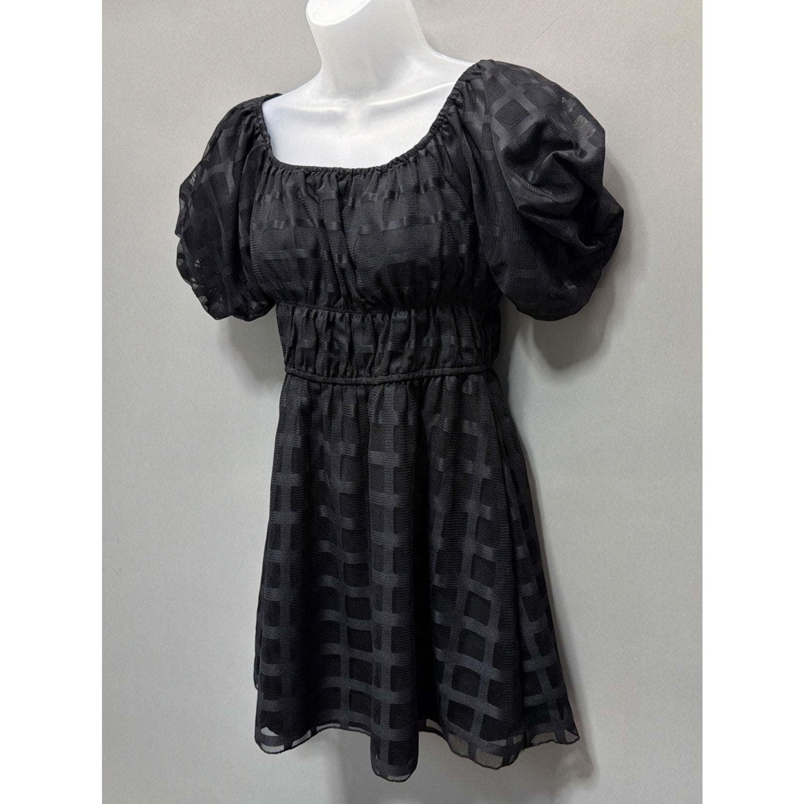 Le Lis Collection Black Babydoll Dress M Puff Sleeve Square Neck Sheer Overlay