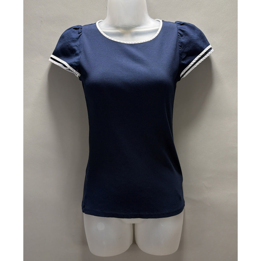 LAUREN RALPH LAUREN Pullover Navy Blue White Trim Cap Sleeve Top Size S