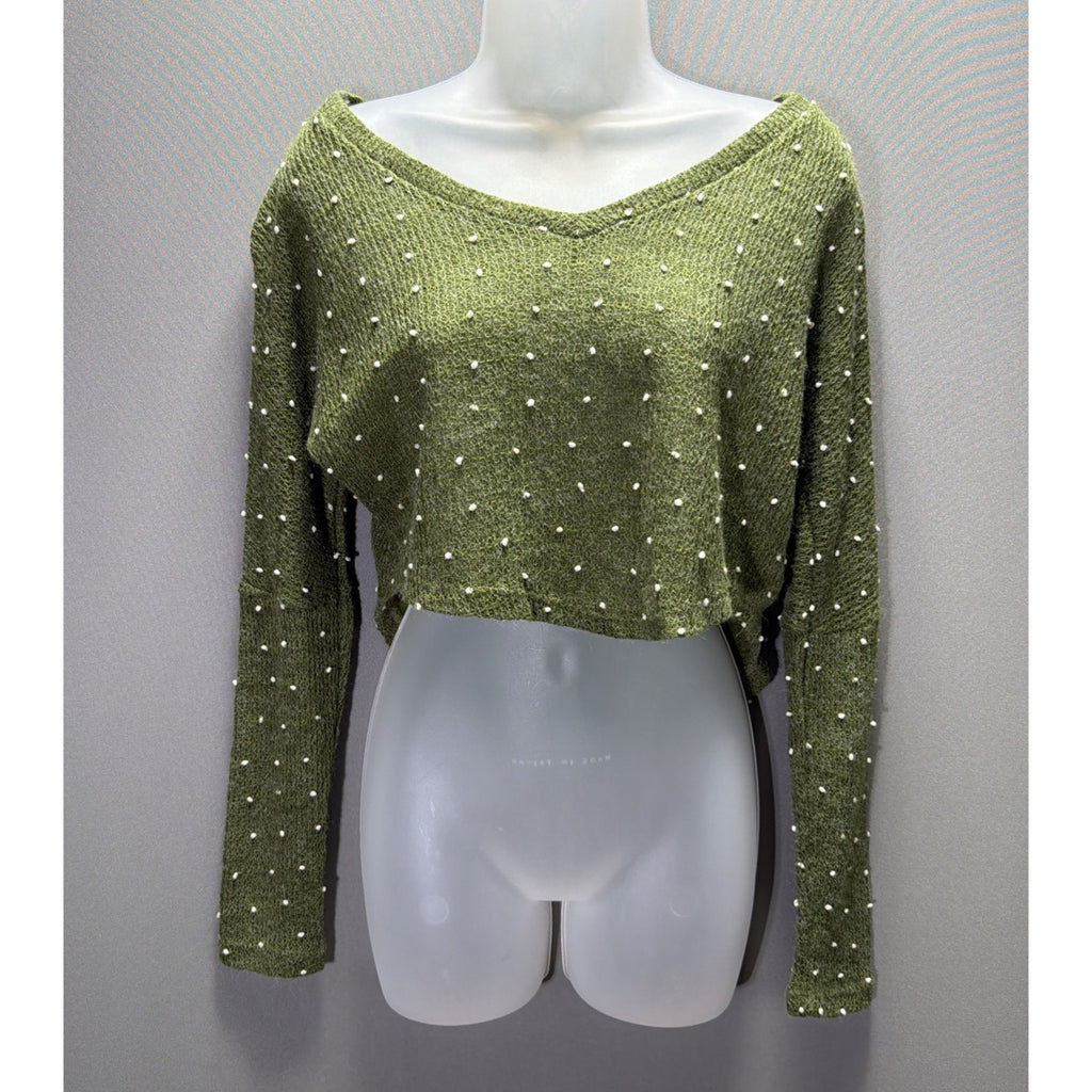 PPLA Swiss Dot Long Sleeve Sweater Size S Oversized Cropped Cozy Green