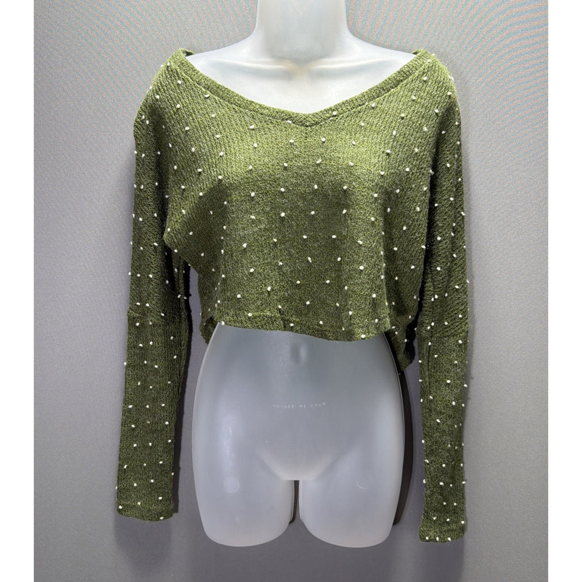 PPLA Swiss Dot Long Sleeve Sweater Size S Oversized Cropped Cozy Green