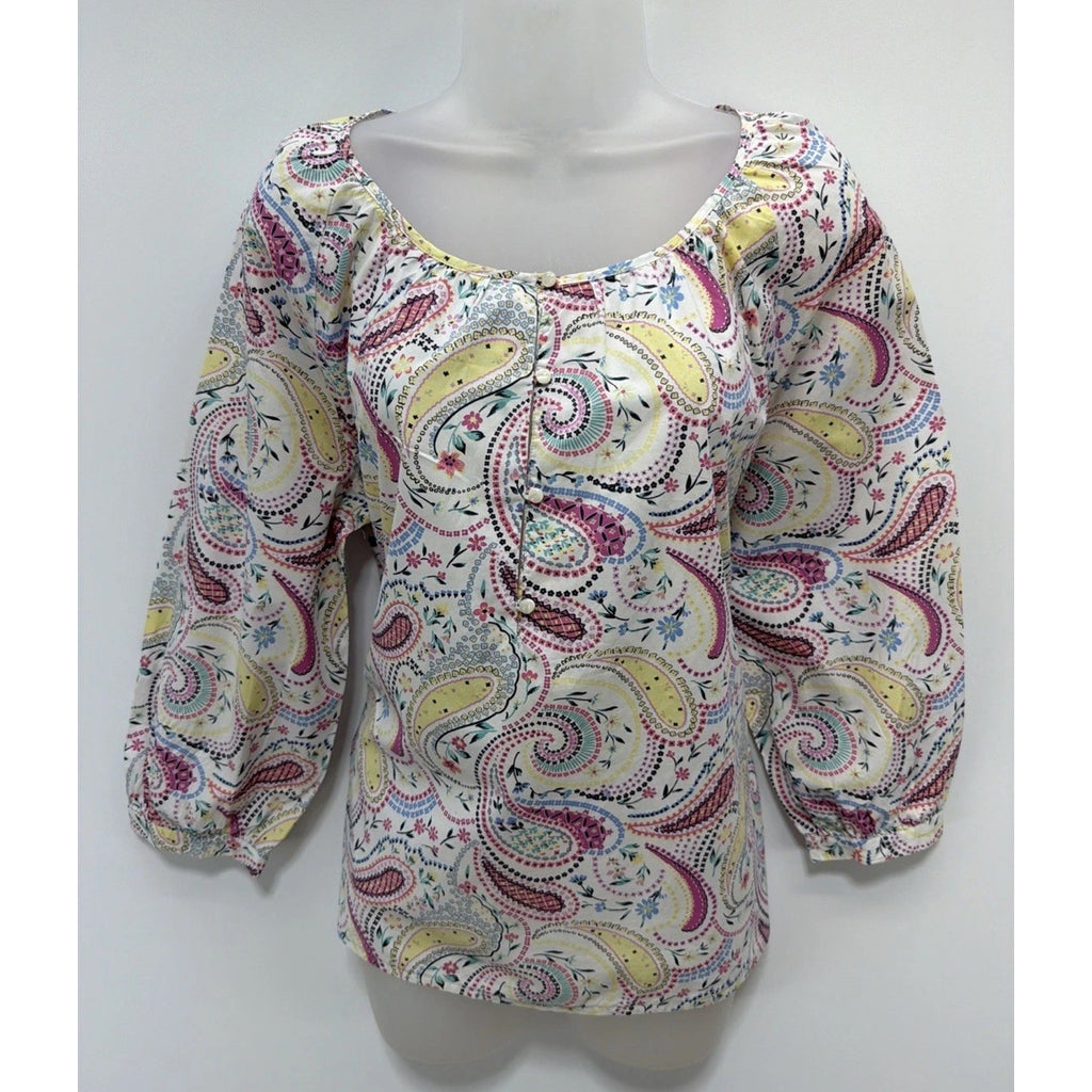 TALBOTS Fuchsia Countryside Paisley Popover Cotton Top Size Large