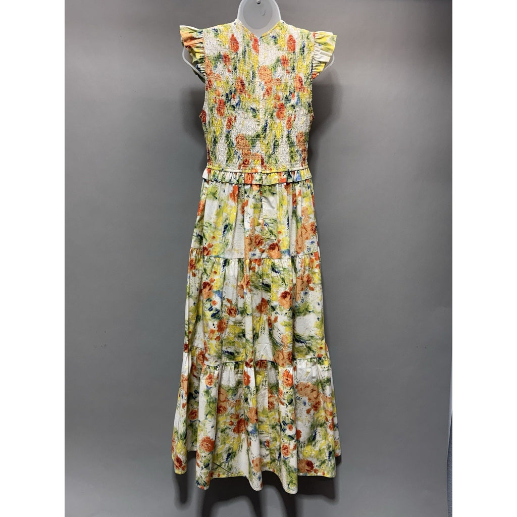 Evereve O.P.T Floral Smocked Orange Yellow Tiered Maxi Dress Womens L NWT $179