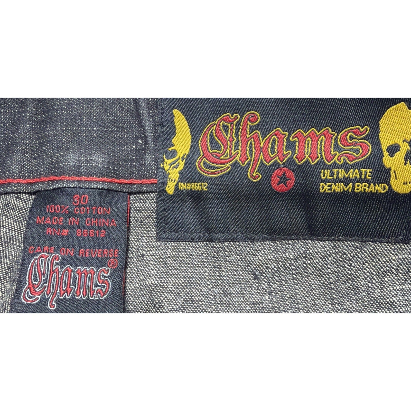Vintage Chams Jeans Mens 30 Black W Red Trim Baggy Embroidered Skate Hip Hop Y2K