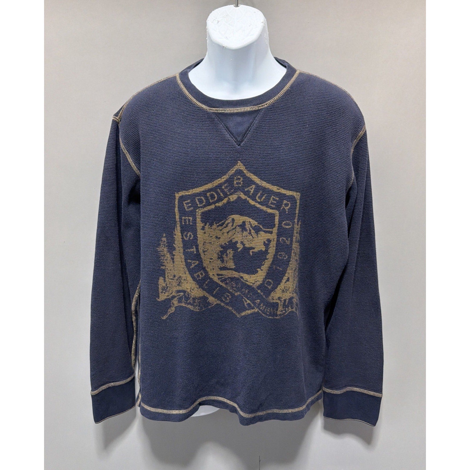 Men's Navy Blue Eddie Bauer Waffle Knit Shirt Long Sleeve 100% Cotton Size M Y2K