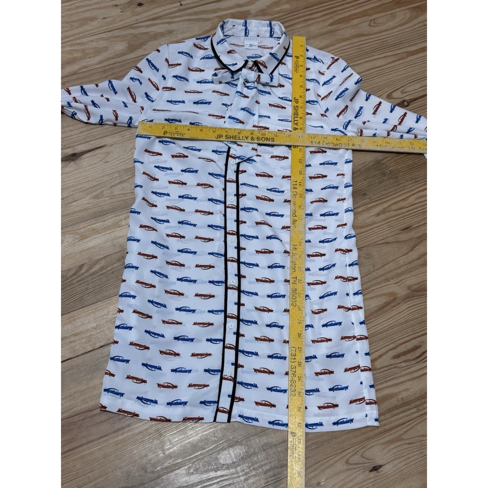 Cooperative Car Print Shirt Dress Multi Color Pop Art With Bow Tie NWT Size S