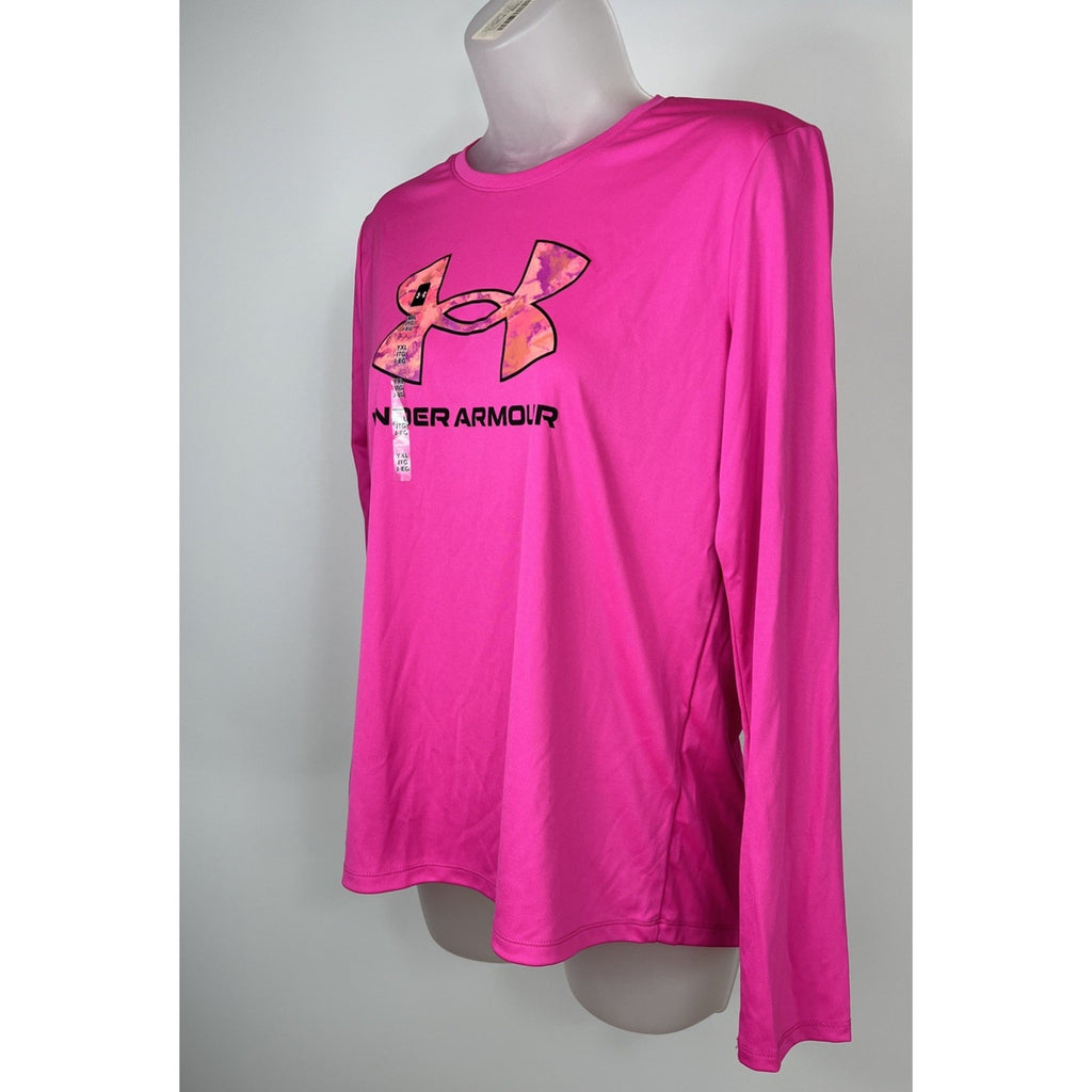 NWT Under Armour YXLG Girls Neon Pink/Black BIG LOGO L/S Shirt XLarge
