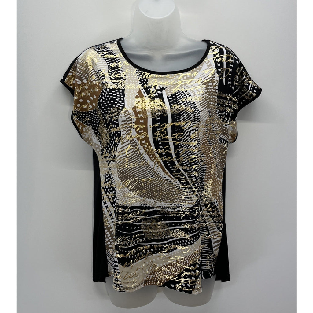 ALLISON DALEY Womens Size Petite Small Black Gold Script Shiny Dressy Top