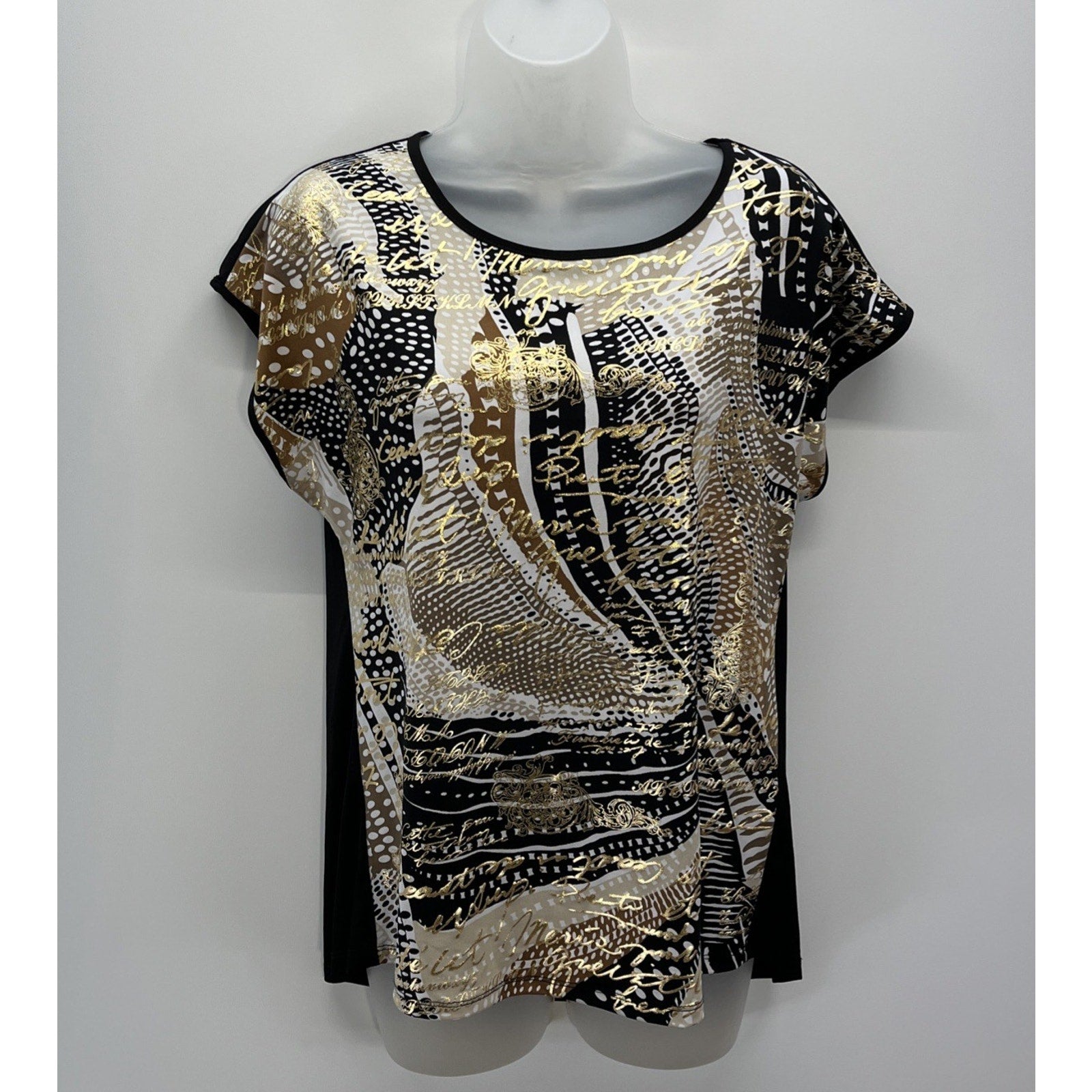 ALLISON DALEY Womens Size Petite Small Black Gold Script Shiny Dressy Top