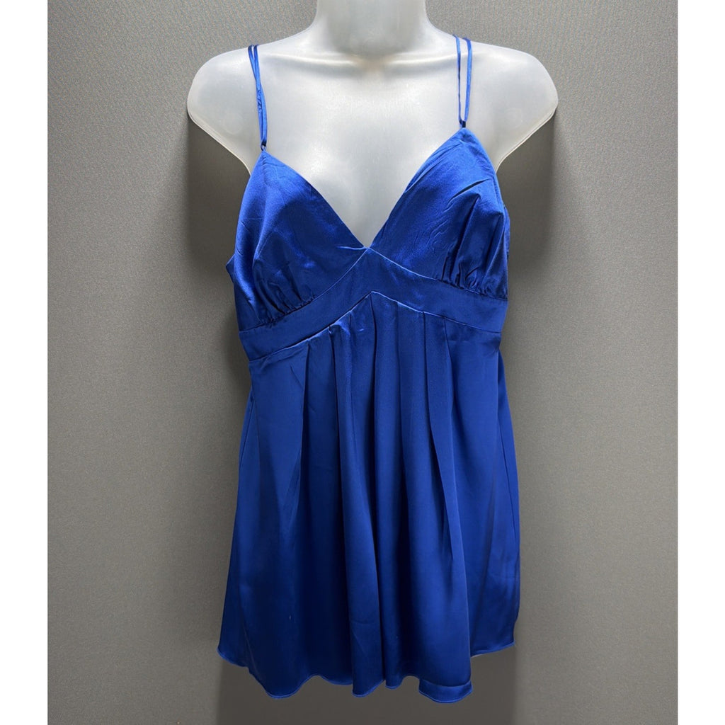 Matty M Blue V Neck 100% Silk Sleeveless Babydoll Tank Top Womens L NWT