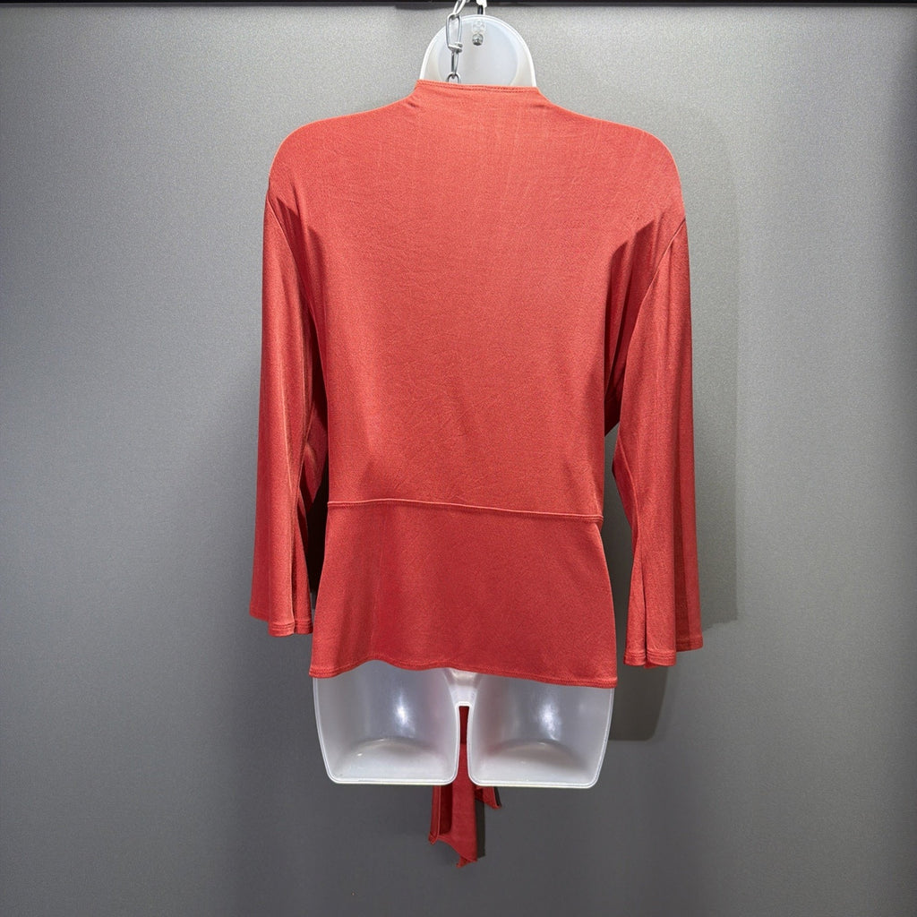 Vtg Chicos Travelers Womens Cardigan Sz L Red 3/4 Sleeve Tie Front Slinky USA