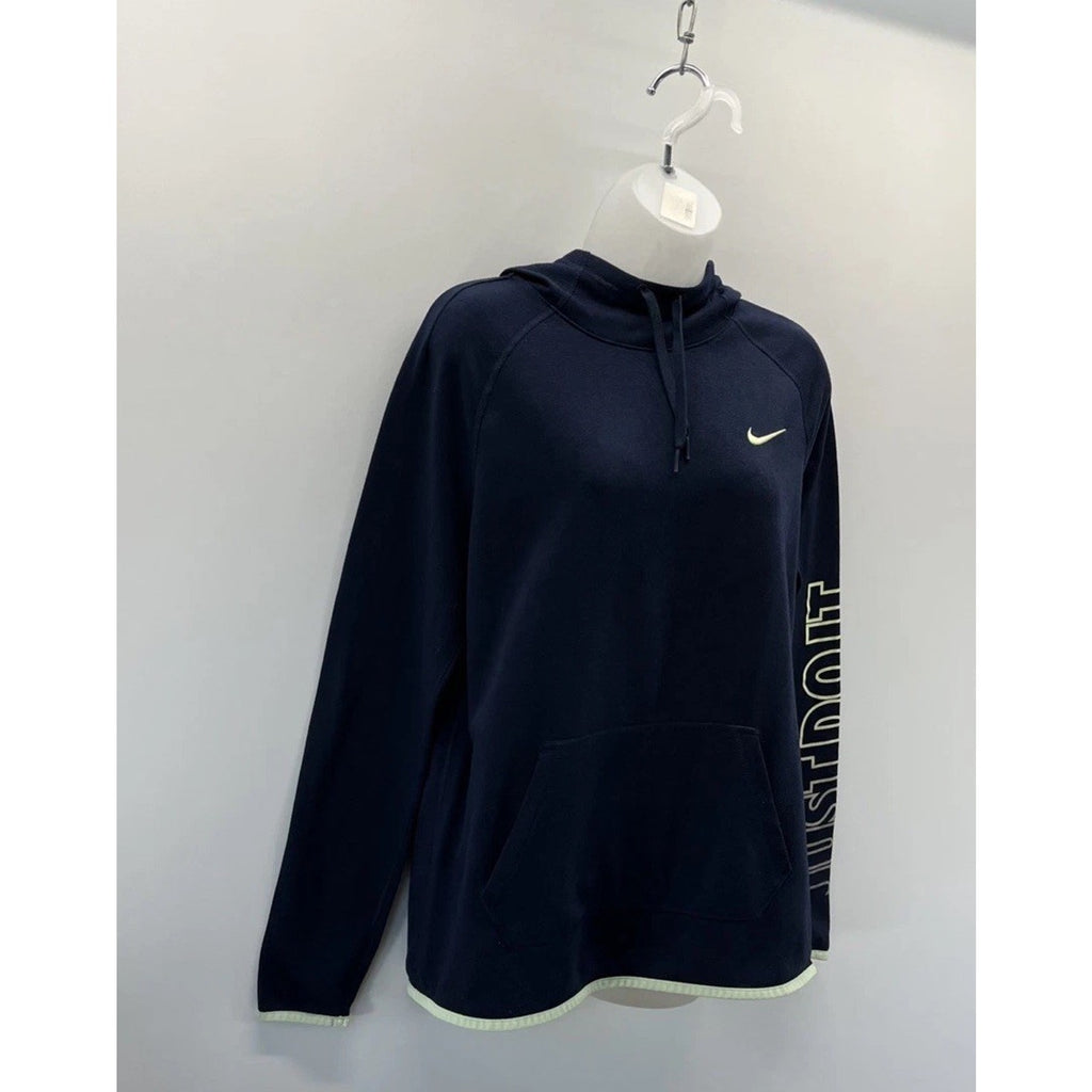 Nike Dri-fit Women's Large Navy Blue Yellow Trim Fleece Funnel Neck Hoodie