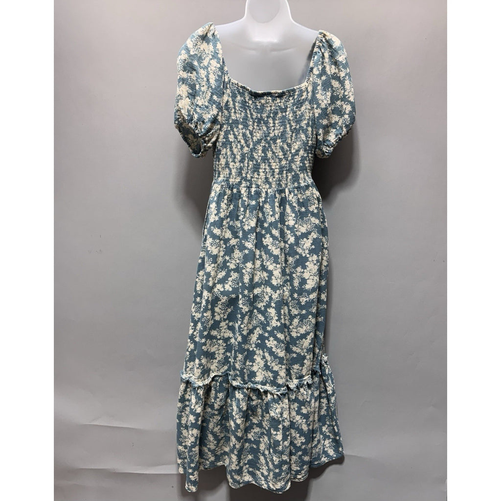Free People Blue Cream Floral Smocked Puff Sleeve Midi Dress Women’s Medium Boho