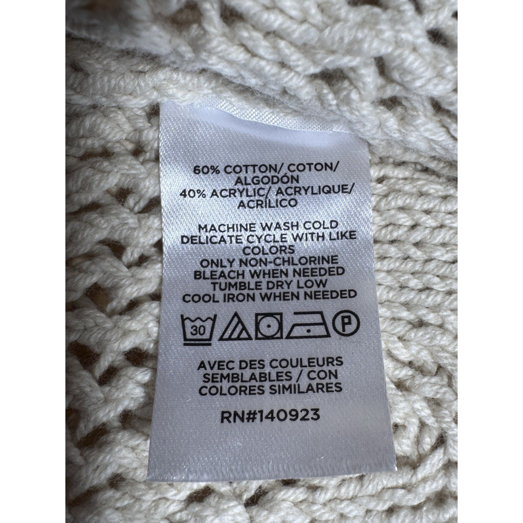 LOFT Women’s Large Cream Open Knit Sweater Bell Sleeve Boho Cotton Blend NWT