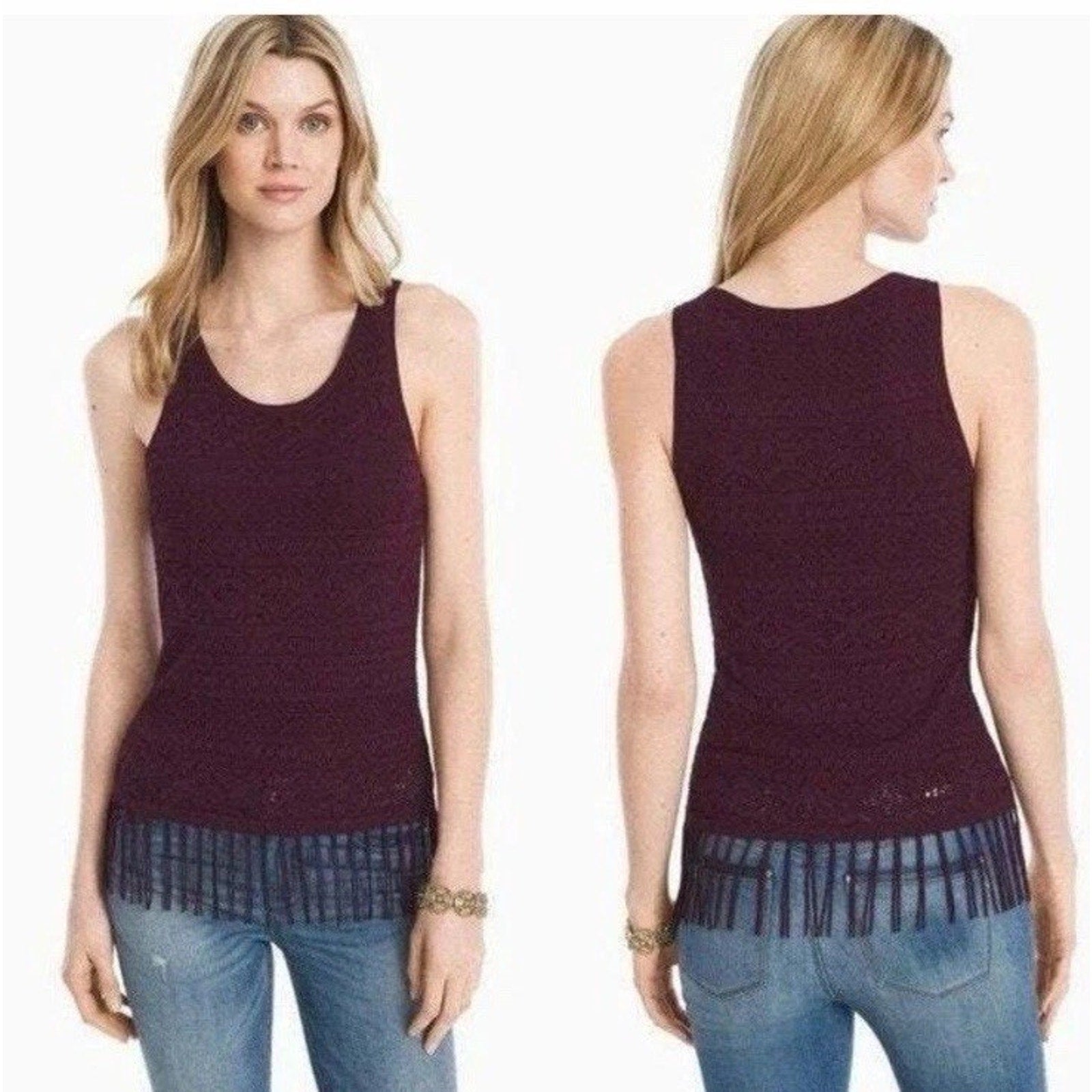 White House Black Market Tassle Hem Sleeveless Sweater Small Cabernet