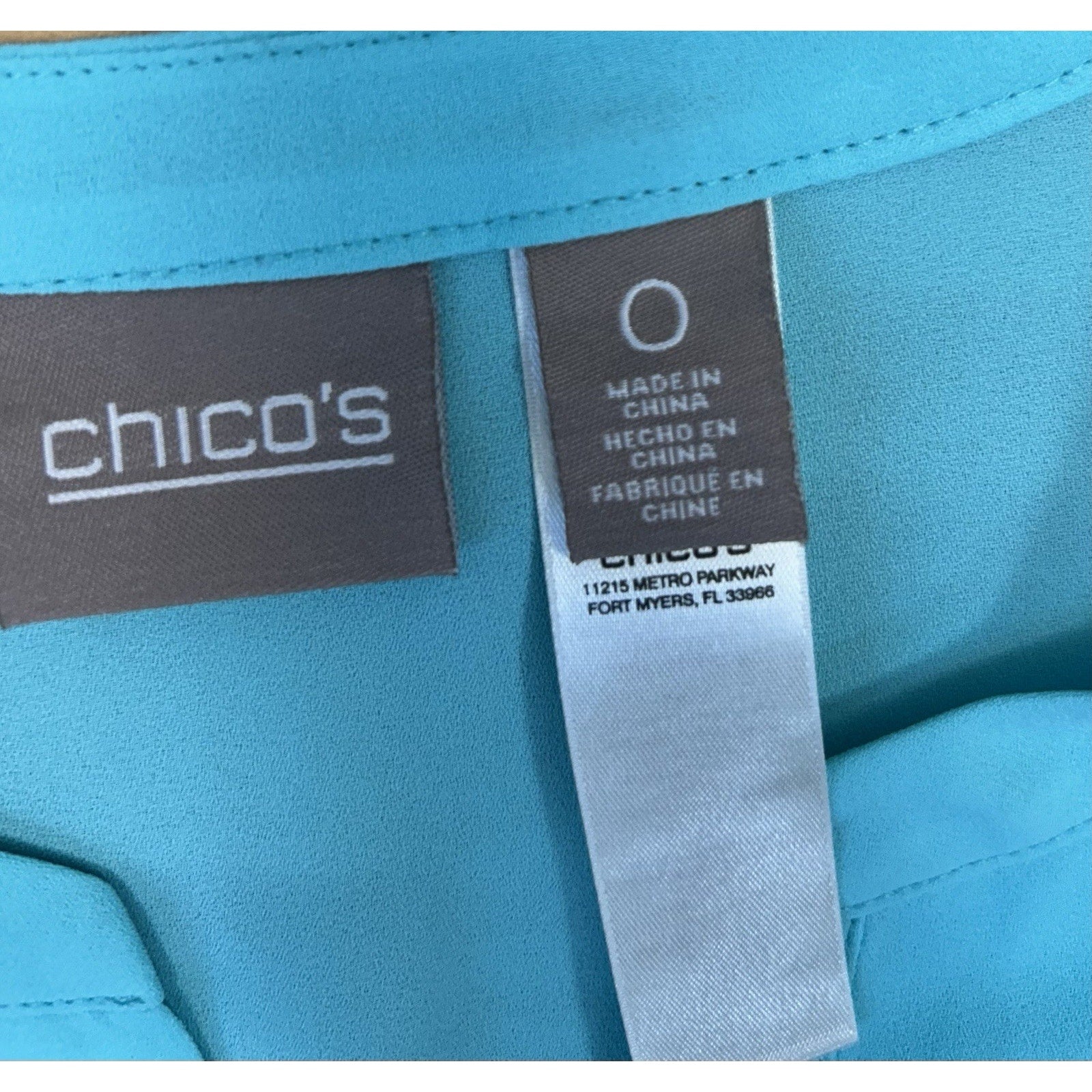 CHICO'S Size 0 Small Womens Teal Split Neck Long Sleeve Sheer Blouse .