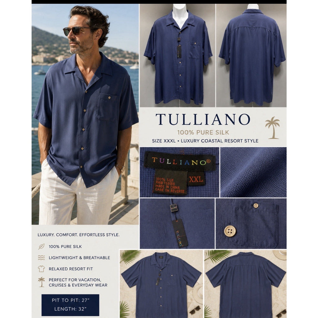 Tulliano Men’s XXXL Blue 100% Silk Camp Shirt NWT Luxury Resort Casual Button Up