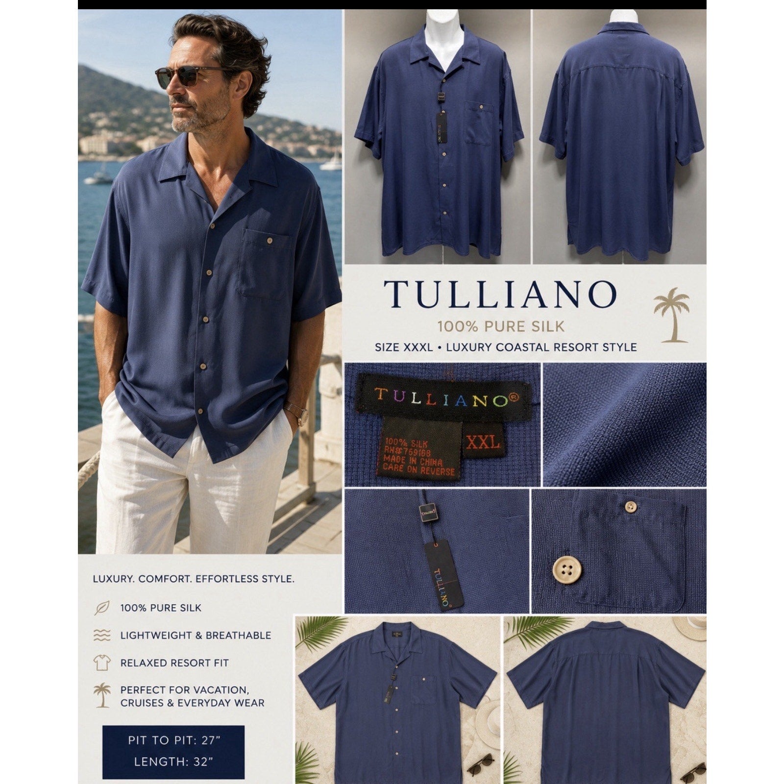 Tulliano Men’s XXXL Blue 100% Silk Camp Shirt NWT Luxury Resort Casual Button Up