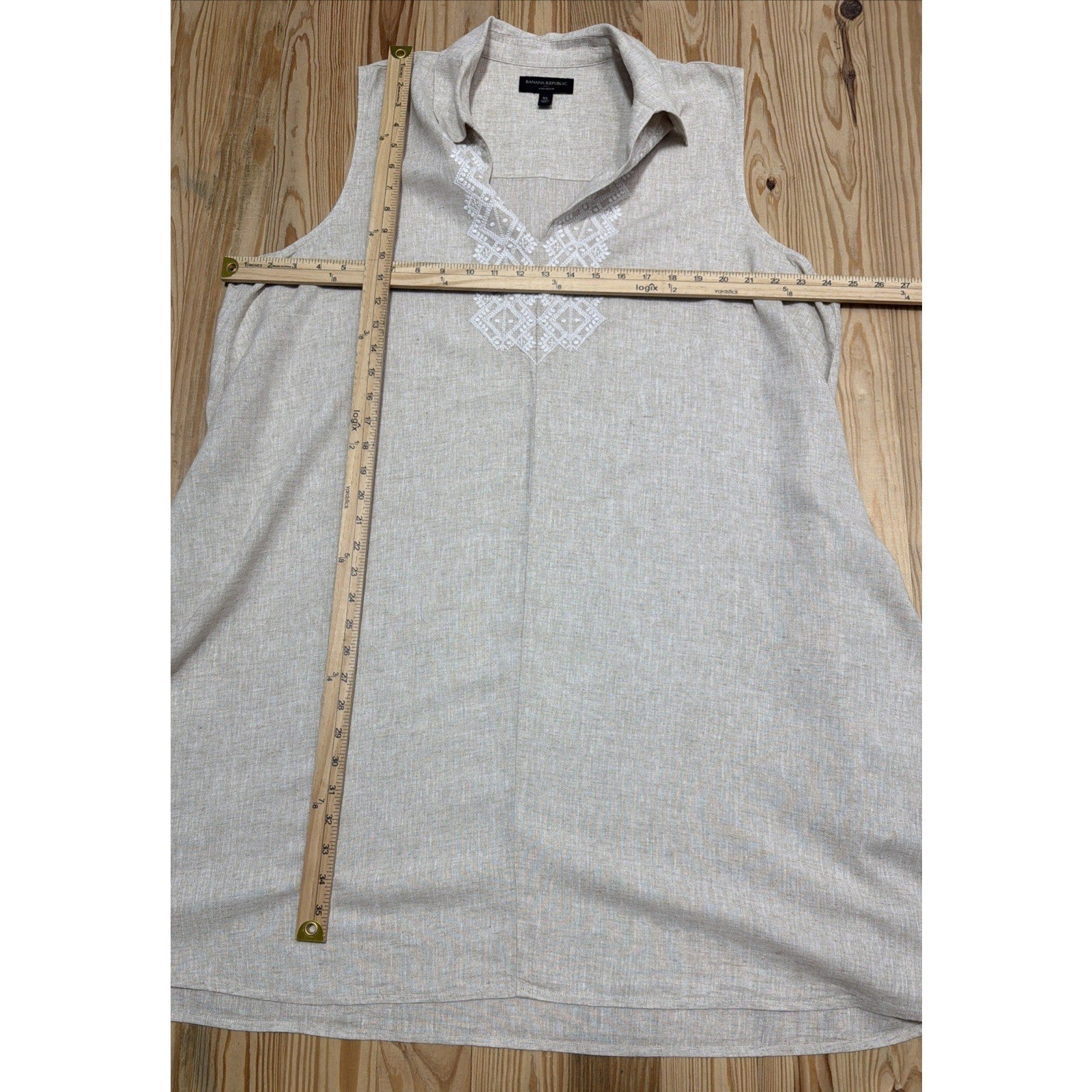 Banana Republic Biege Linen Dress Size XL Shift Midi White Embroidery