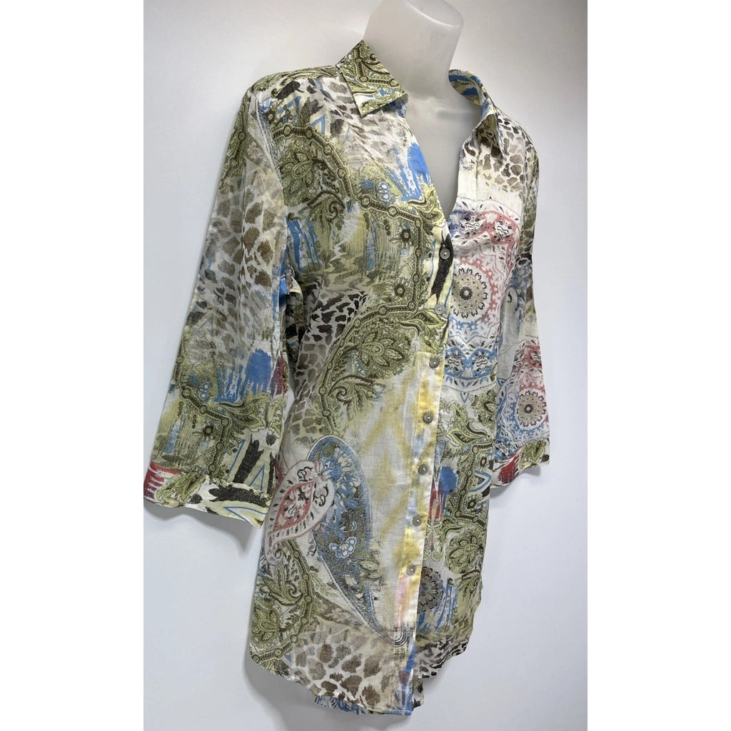 Chico's Womens Blouse Button Front Multicolor 100% Cotton Lightweight 2 L