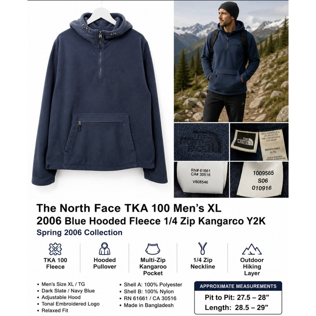 The North Face TKA 100 Men’s XL 2006 Blue Hooded Fleece 1/4 Zip Kangaroo Y2K