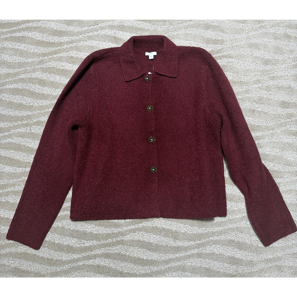 J. Jill Womens Large Cranberry Boucle Floral Snap Cardigan Sweater New