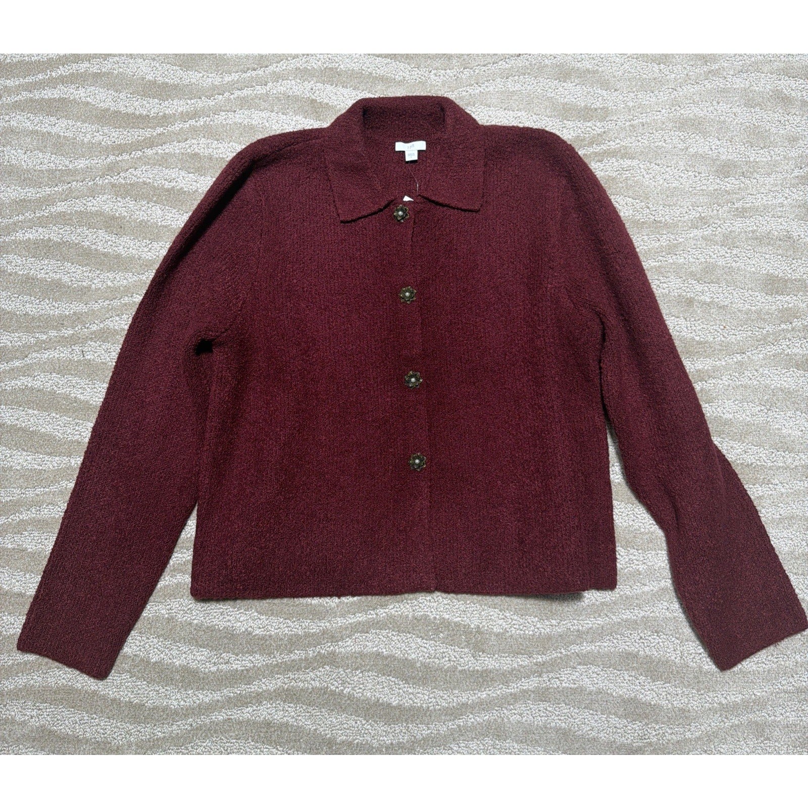 J. Jill Womens Large Cranberry Boucle Floral Snap Cardigan Sweater New