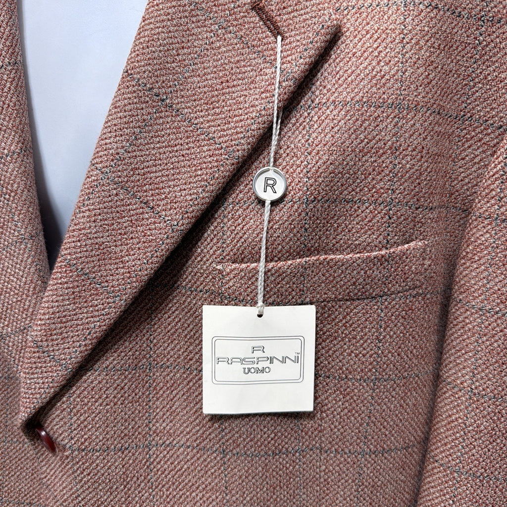 NWT Raspinni Uomo 100% Merino Wool Sport Coat Blazer Mens 44L Pink Windowpane