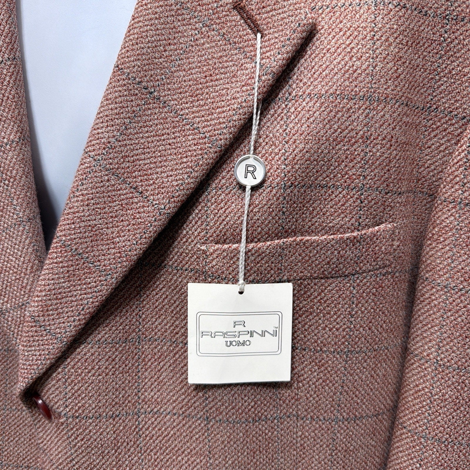 NWT Raspinni Uomo 100% Merino Wool Sport Coat Blazer Mens 44L Pink Windowpane