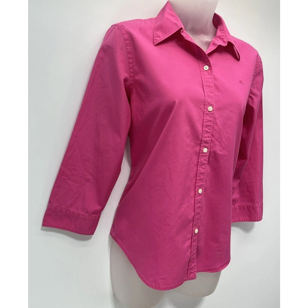 Lauren Ralph Lauren Blouse Size M Hot Pink 100% Cotton Oxford Top