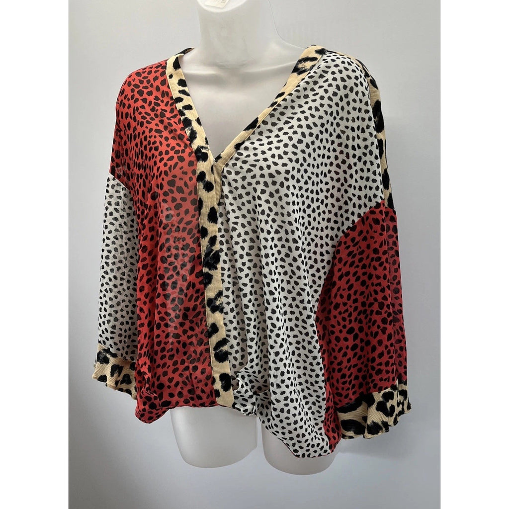 Umgee Oversized Mixed Animal Print Ruffle Split Sleeve Wrap Sheer Surplice Top S