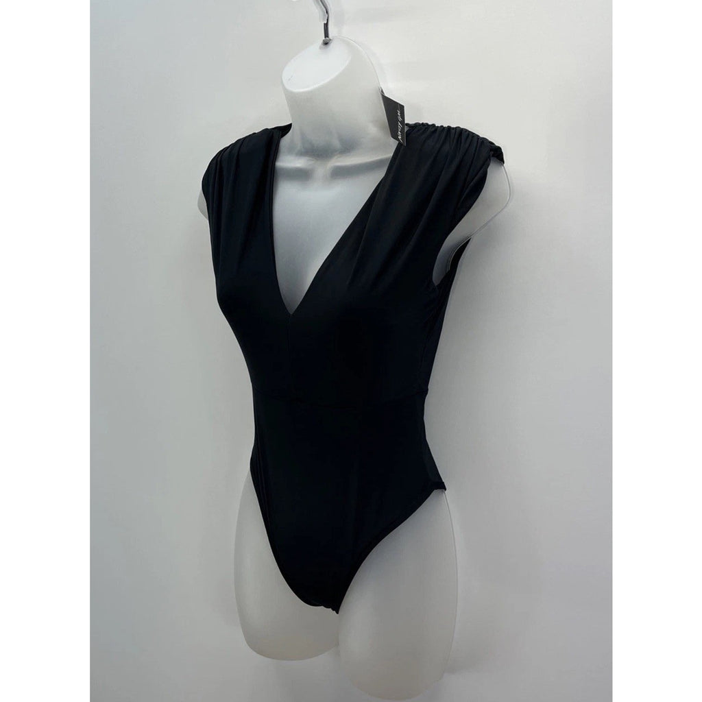 NWT Nasty Gal Shoulder Pad Slinky Plunge Bodysuit Black Size 0