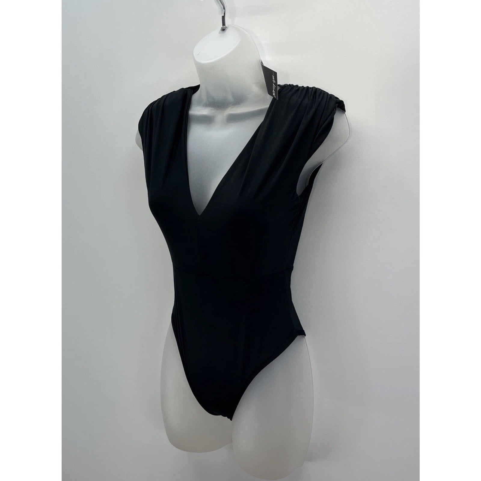 NWT Nasty Gal Shoulder Pad Slinky Plunge Bodysuit Black Size 0