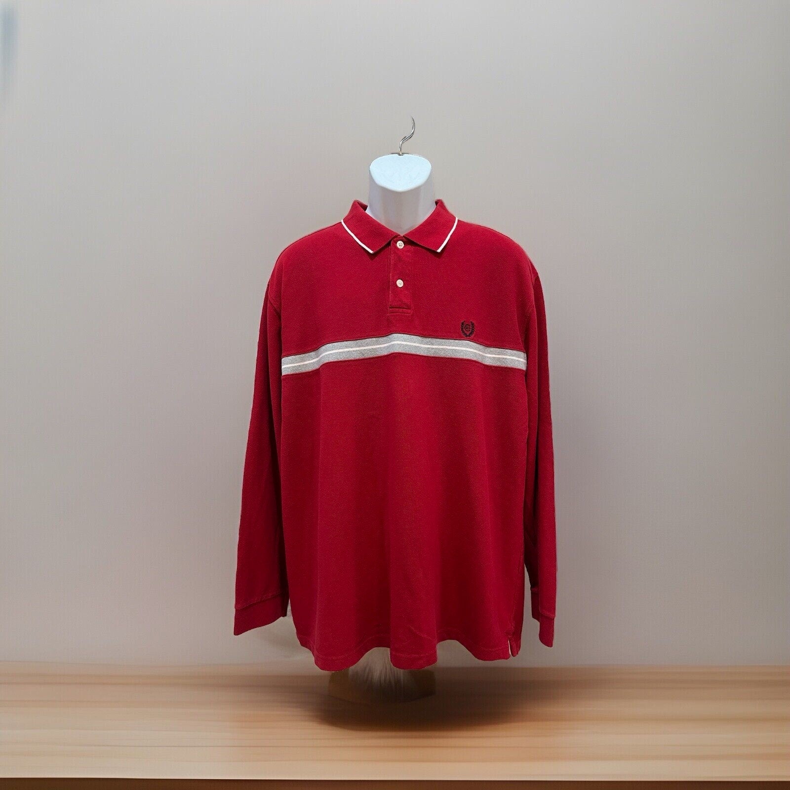 Vintage Chaps Ralph Lauren Red Gray White Stripe Polo Sweater Size XL Long Sleev