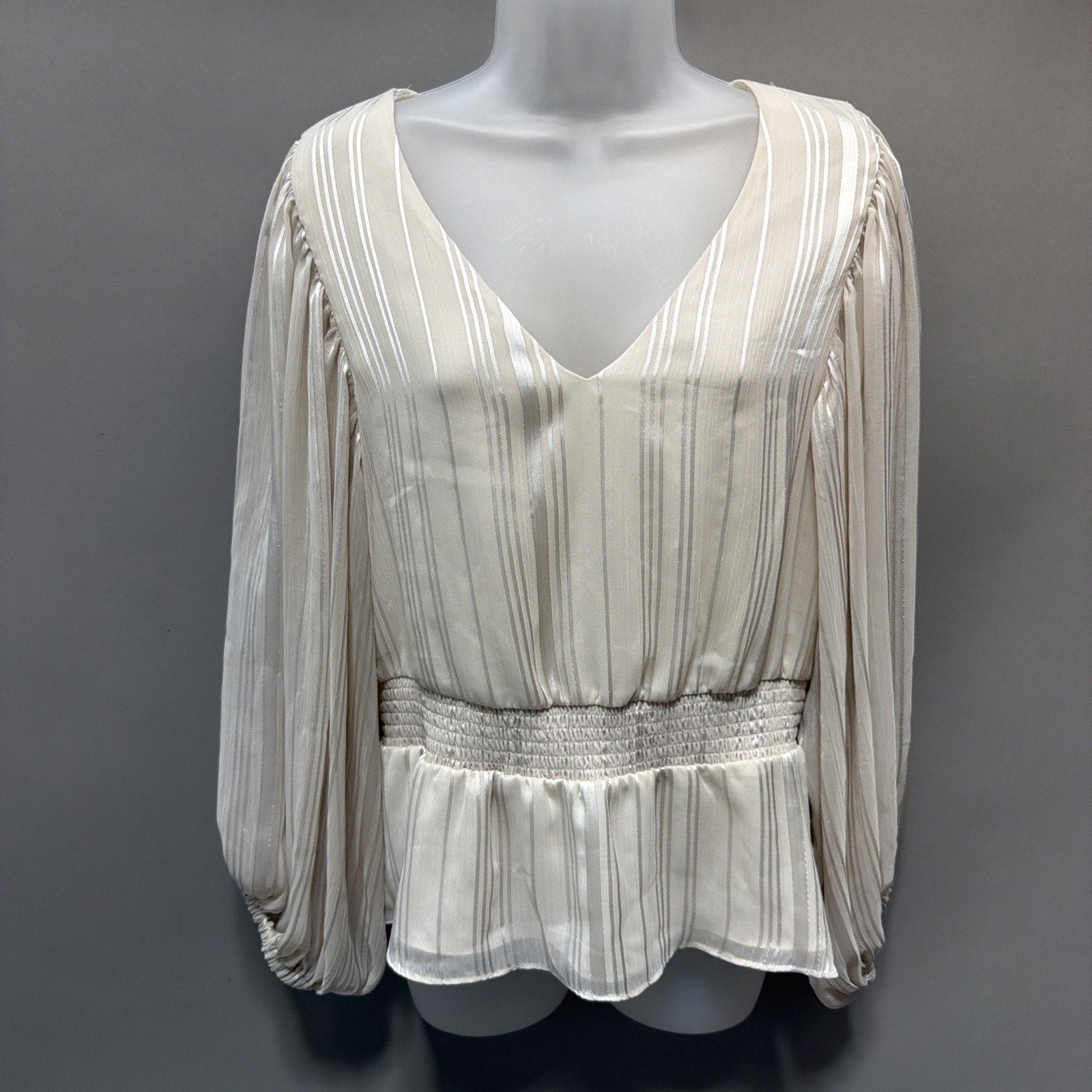 Express Women’s Smock Waist Blouse Size L Lined Beige Career Lagenlook Whimsy