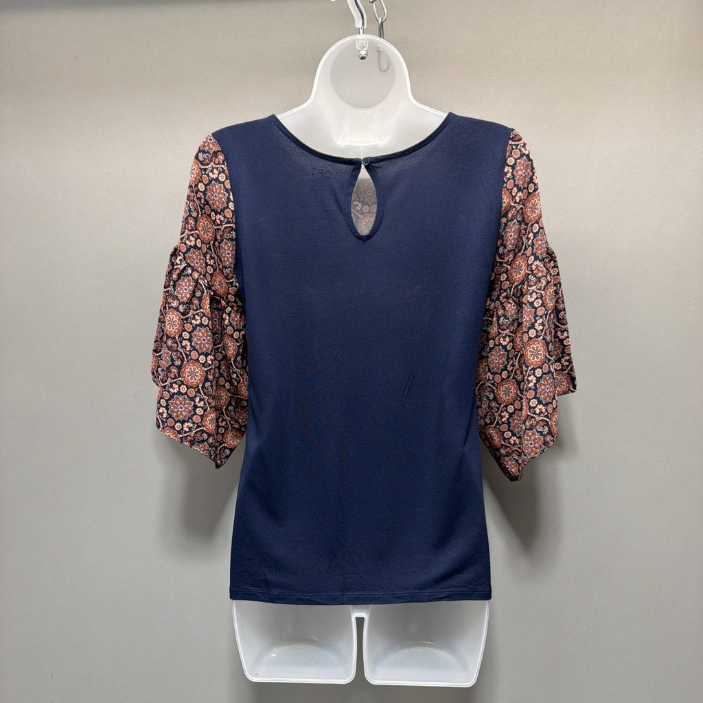 Loft Blouse Top Size XXS Pet Womans Navy Blue Brown Floral Print 3/4 Bell Sleeve