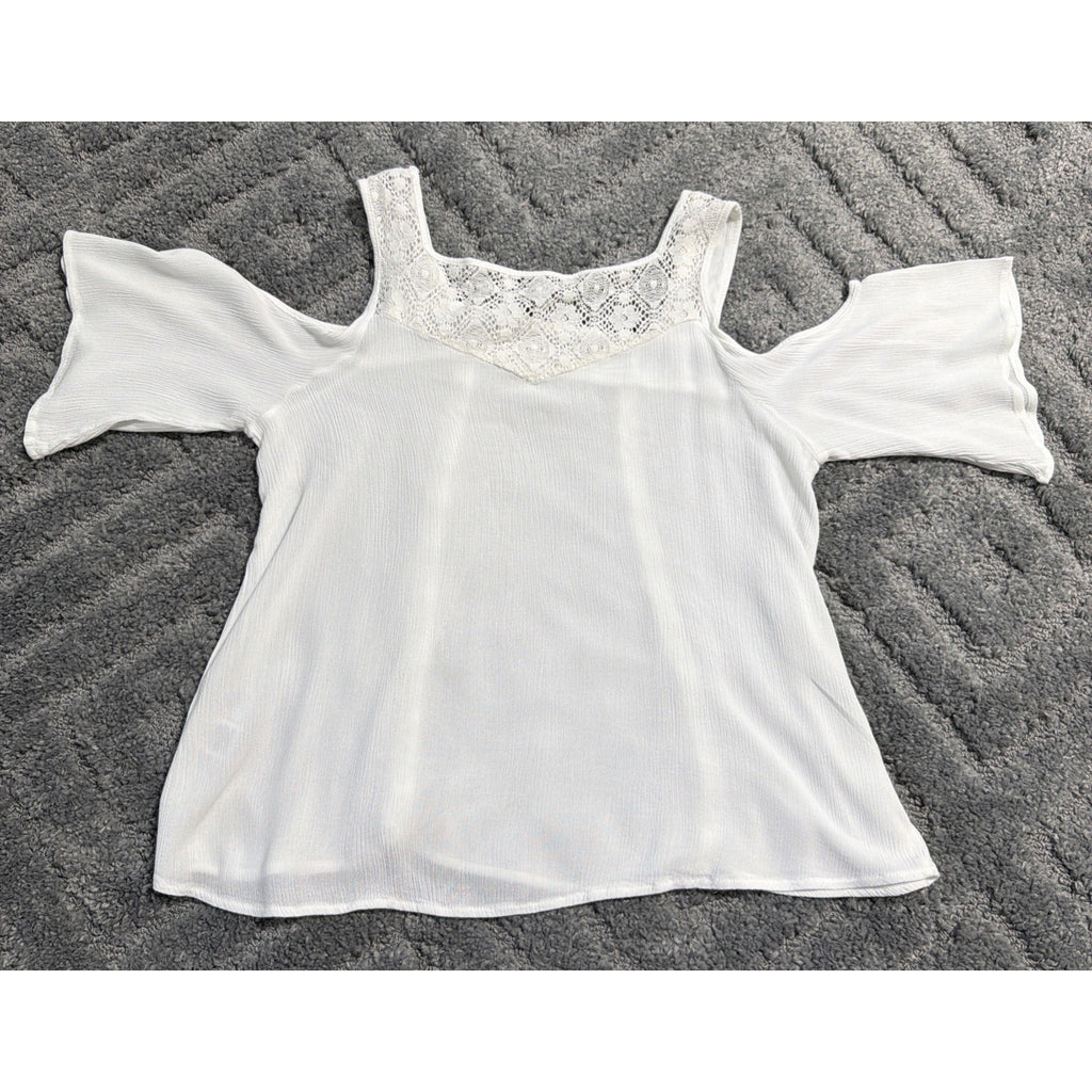 Crave Fame White Off the Shoulder Top M Bell Sleeve Lace Back Embroidered Trim