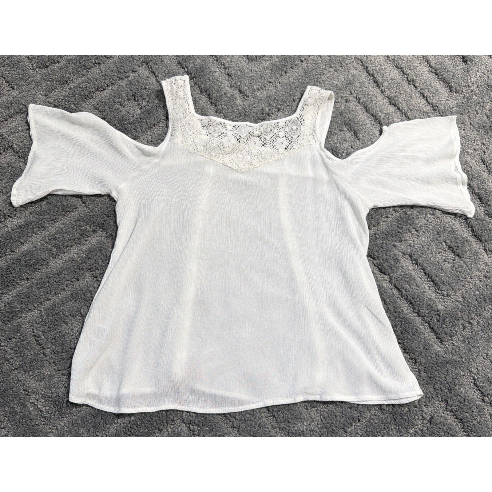 Crave Fame White Off the Shoulder Top M Bell Sleeve Lace Back Embroidered Trim
