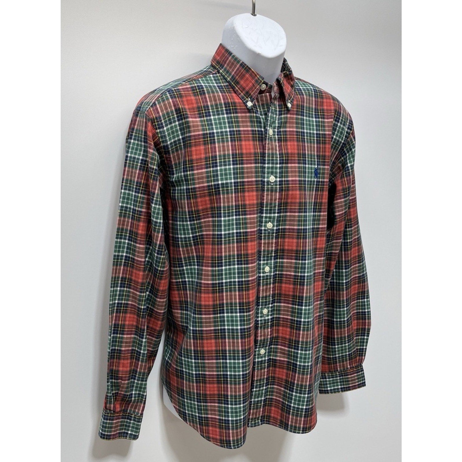 VINTAGE Ralph Lauren Men Button Up Shirt L Green Tartan Plaid Logo Classic Fit