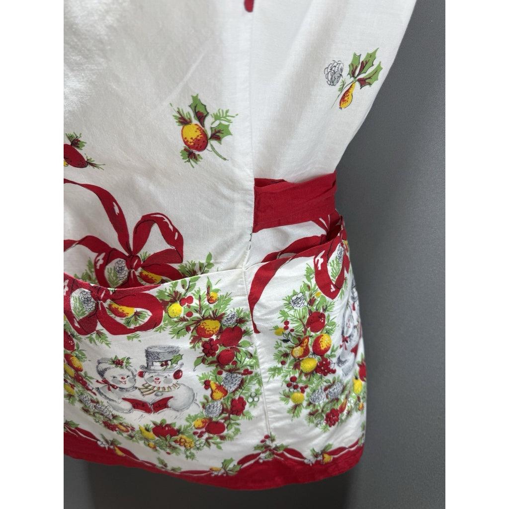 Vintage Christmas Cobbler Apron Snowman Wreath Red Bow Pockets Holiday Smock