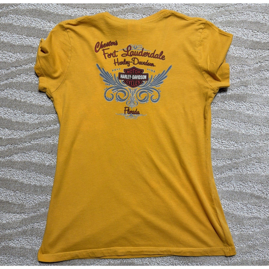 Harley Davidson Fort Lauderdale FL M Yellow T Shirt Short Sleeve V-neck Made USA