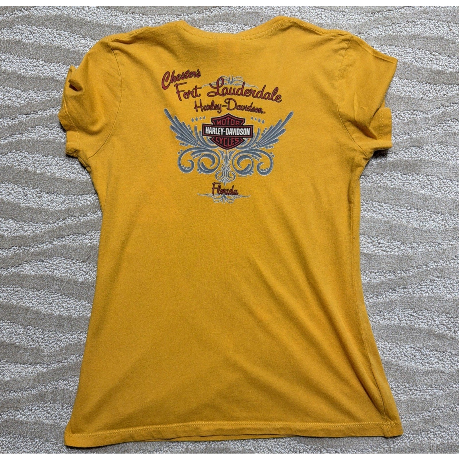 Harley Davidson Fort Lauderdale FL M Yellow T Shirt Short Sleeve V-neck Made USA