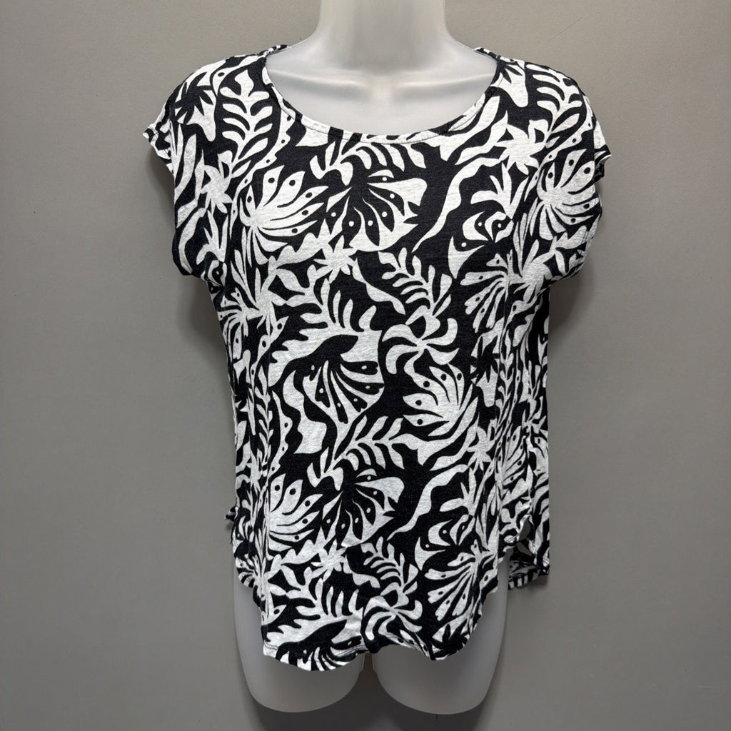 Rachel Zoe Women's 100% Linen Black White Floral Short Sleeve Top Sz M Resort