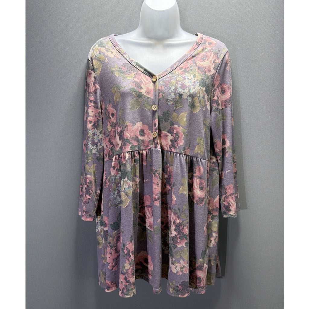 Honeyme Large Floral Tunic Top 3/4 Sleeve Babydoll Blouse Stretch NWT